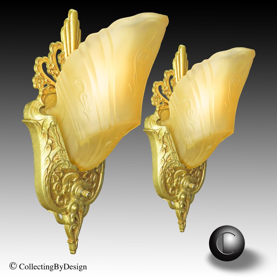 Pair MARKEL Art Deco Uranium Glass Slip Shade Sconces c.1930 RESTORED