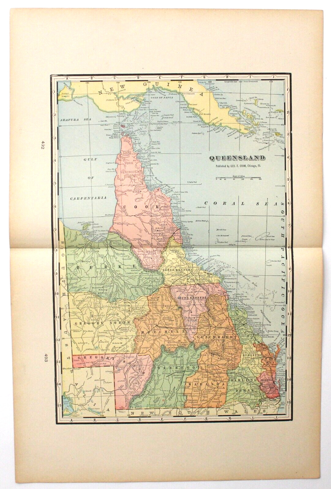 “QUEENSLAND” AUSTRALIA Antique authentic map 1907