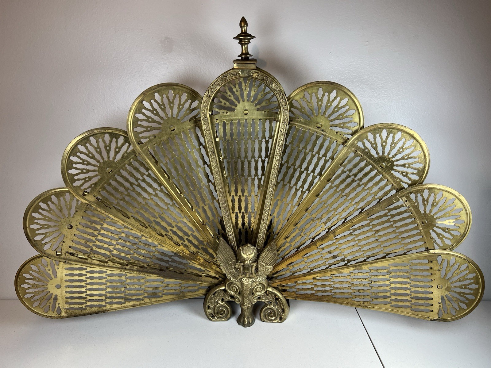 VTG Brass Peacock Fireplace Folding Fan Screen Art Deco Griffin Rare Japan READ