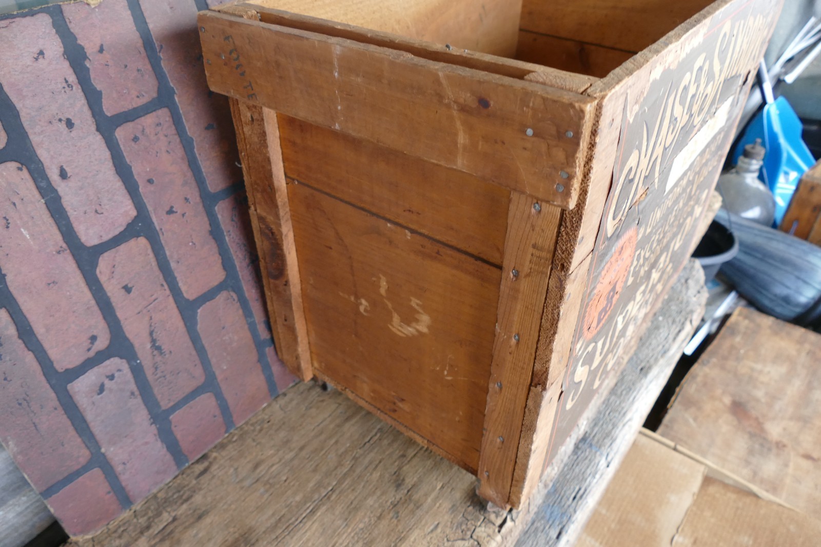 antique primitive 19th c Chase & Sanborn’s coffee wood box crate on castors