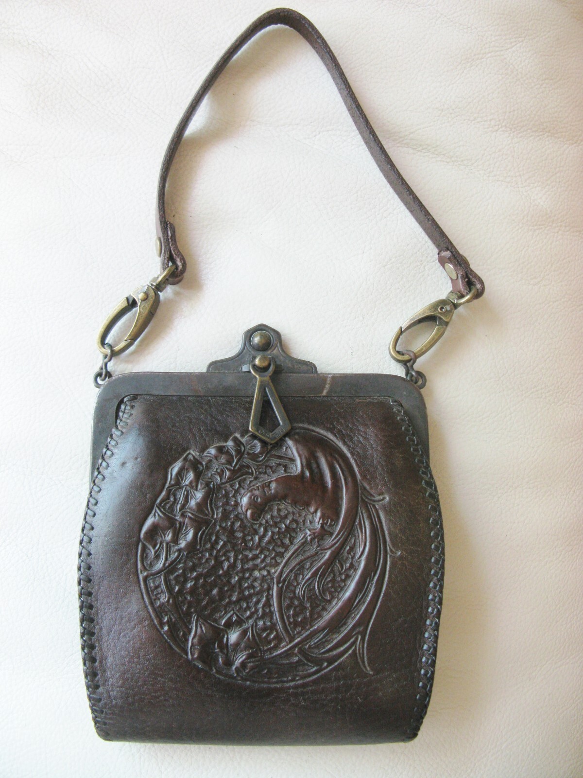 Antique Art Nouveau Deco Bird Of Paradise Tooled Brown Leather Purse JEMCO