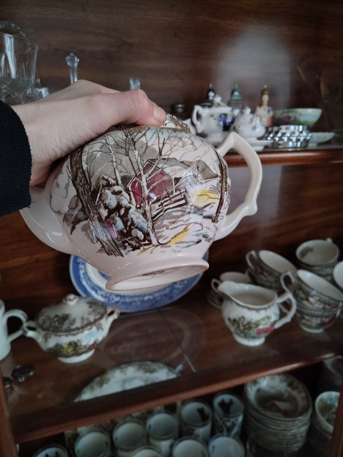 Johnson Brothers friendly village vintage full tea set AND china cabinet