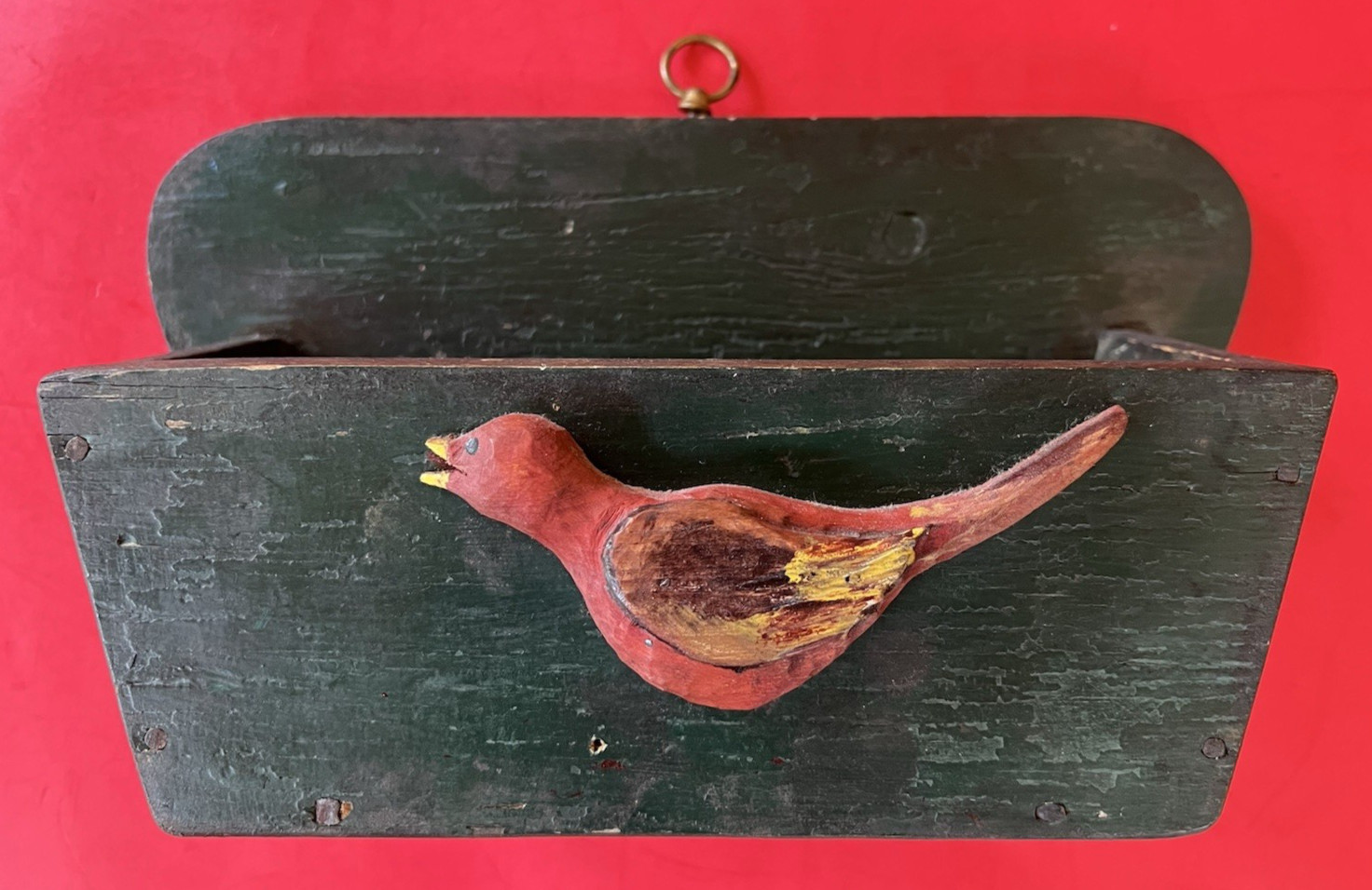 Antique Folk Art Painted Wall Pocket Wood Carved Bird