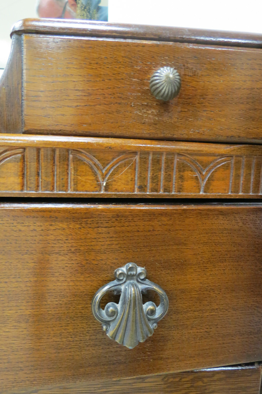 Vintage English Tiger Oak Dresser With Beveled Mirror And Radial Top Drawer