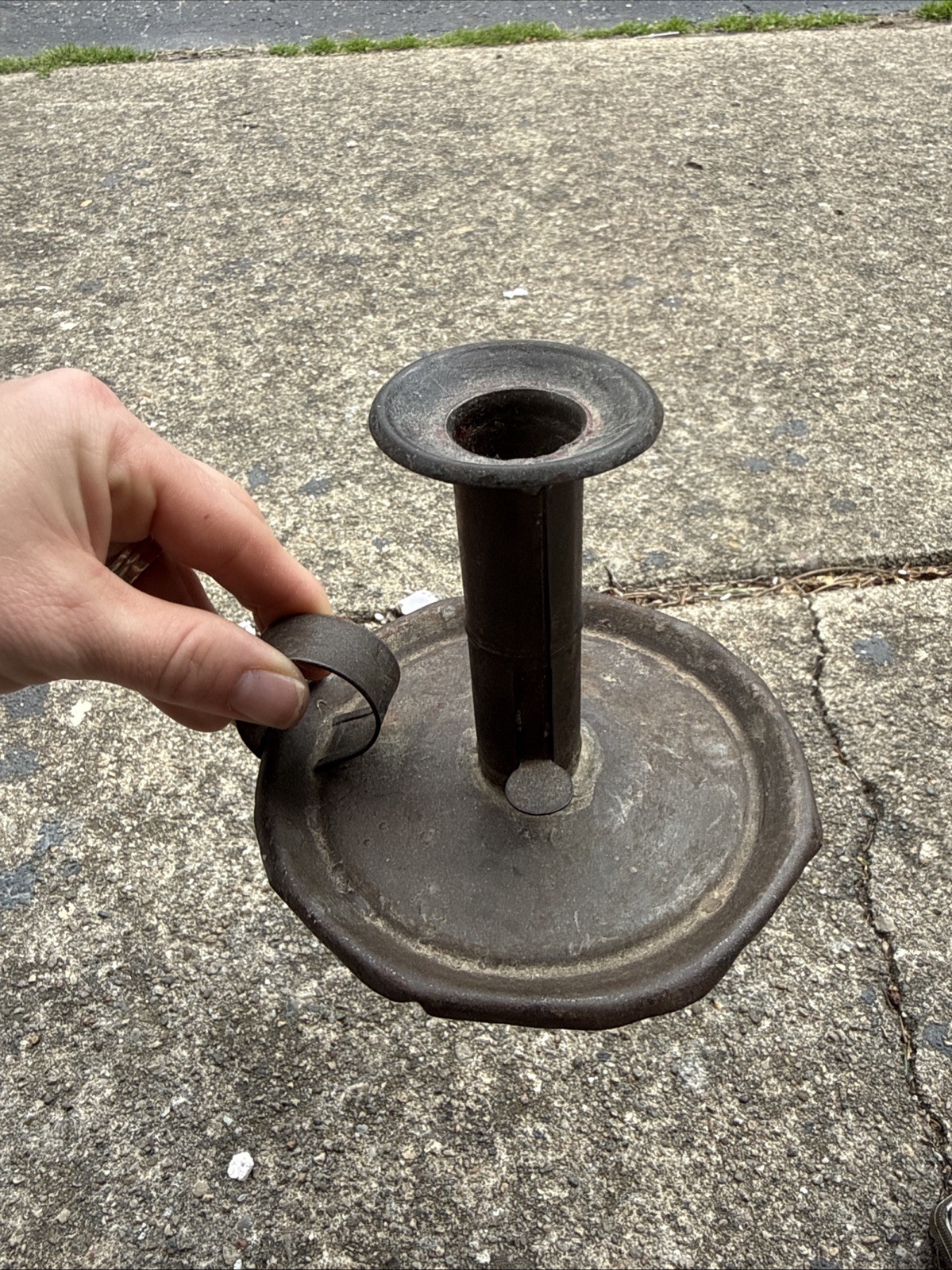 Antique 19thC. Primitive Tin 4” Chamber Stick Push-Up Candle Holder American