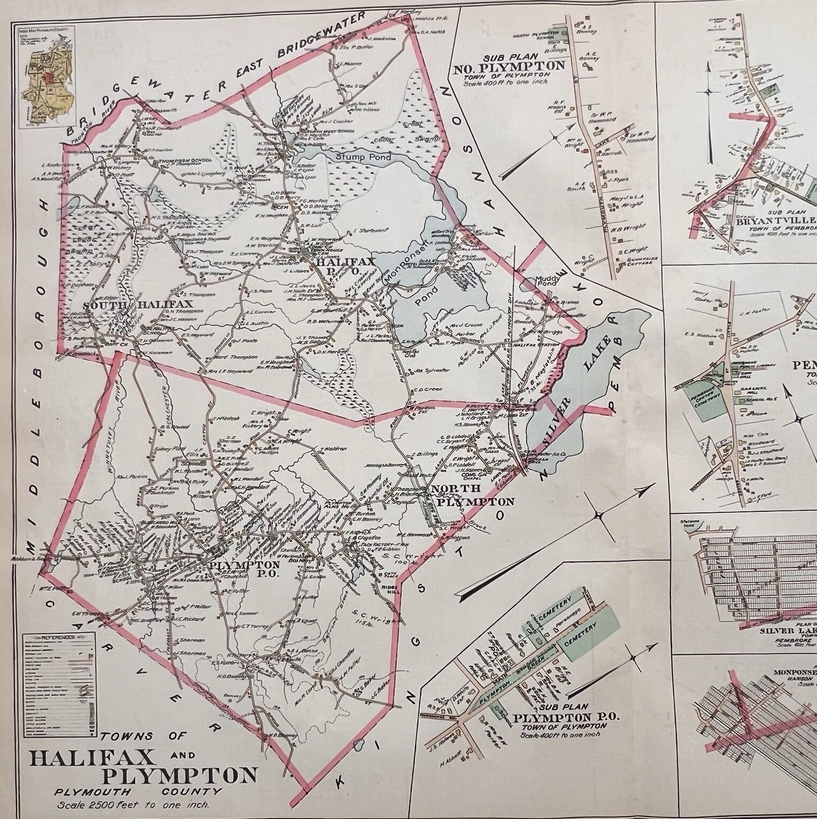 Orig 1903 Map Halifax + Plympton,Silver Monponsett Lake,Stump Pond,MA Mass,Old