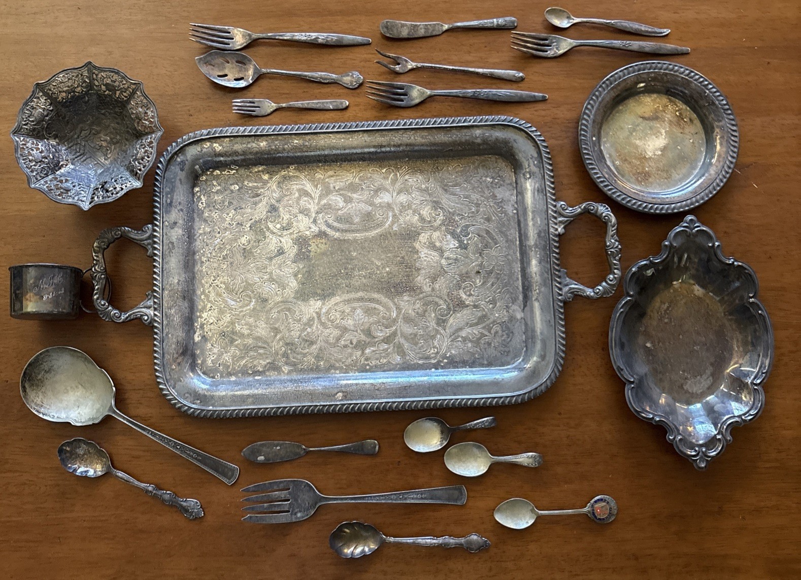 LOT ~ Vintage Silver Plated Serving Pieces Platter, tray, Flatware, cup ~ 6 lbs