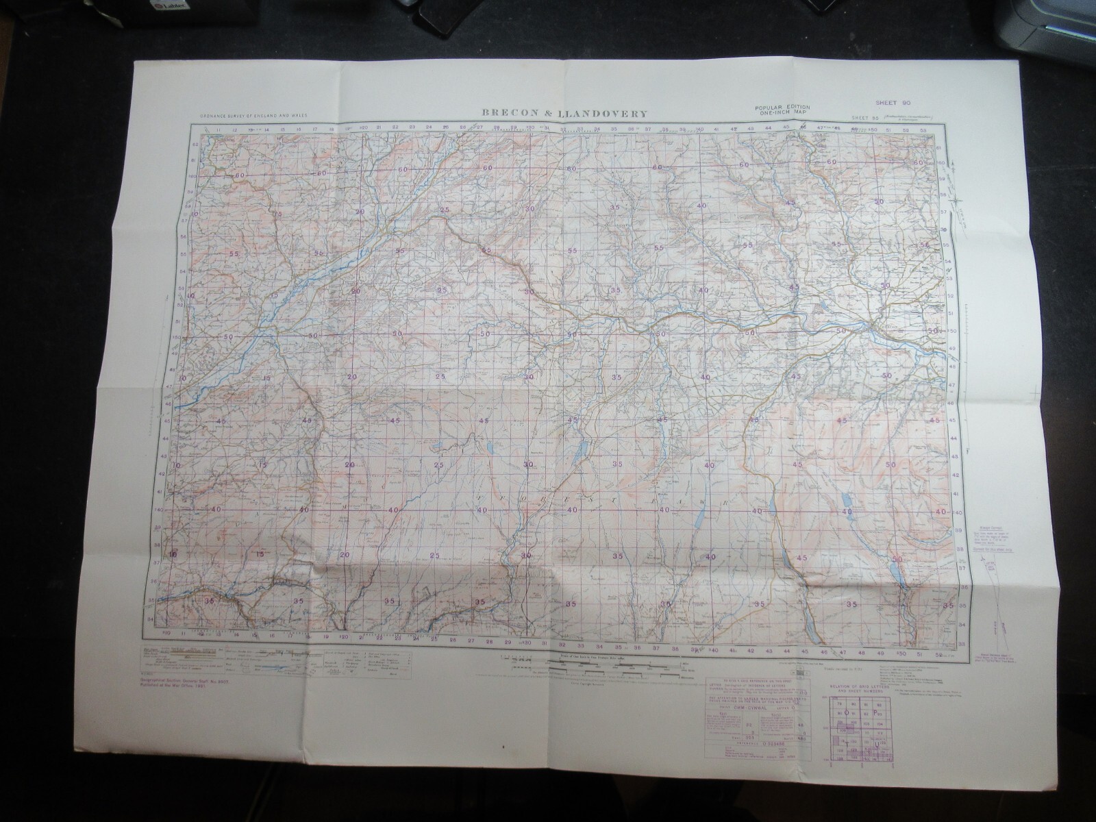 WAR OFFICE 1931 BRECON & LLANDOVERY Ordnance Survey Canvas Map – Wales – VG Cond