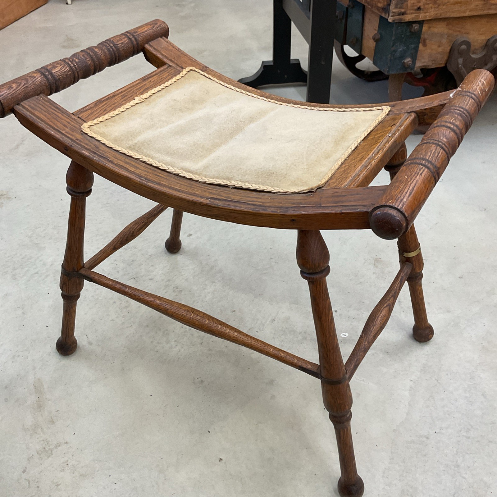 Antique Victorian Caved Saddle Style Bent Wood Leather Seat Chair Bench