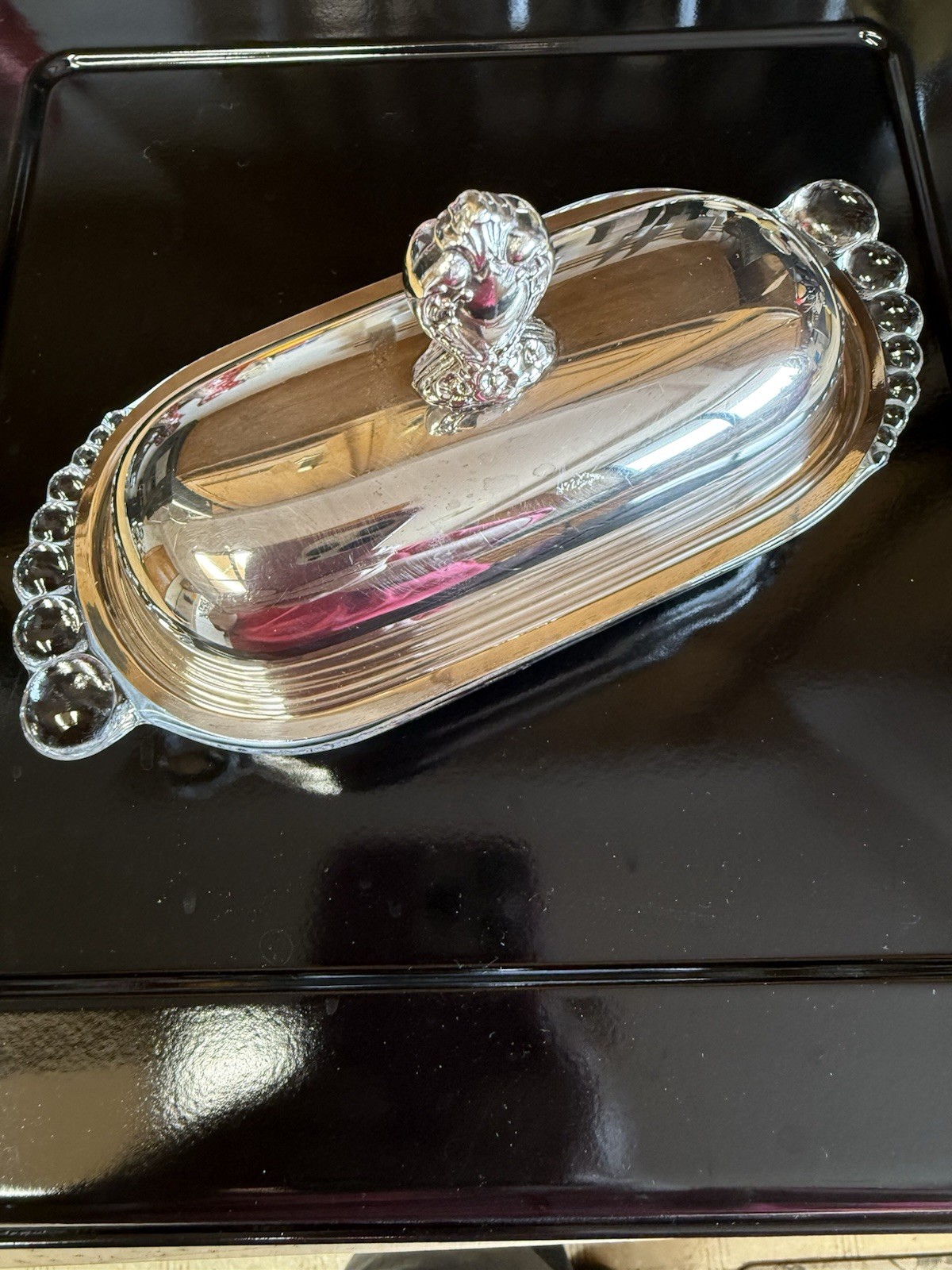 1847 Rogers Bros Silverplate Covered Butter Dish with Glass hobnail base