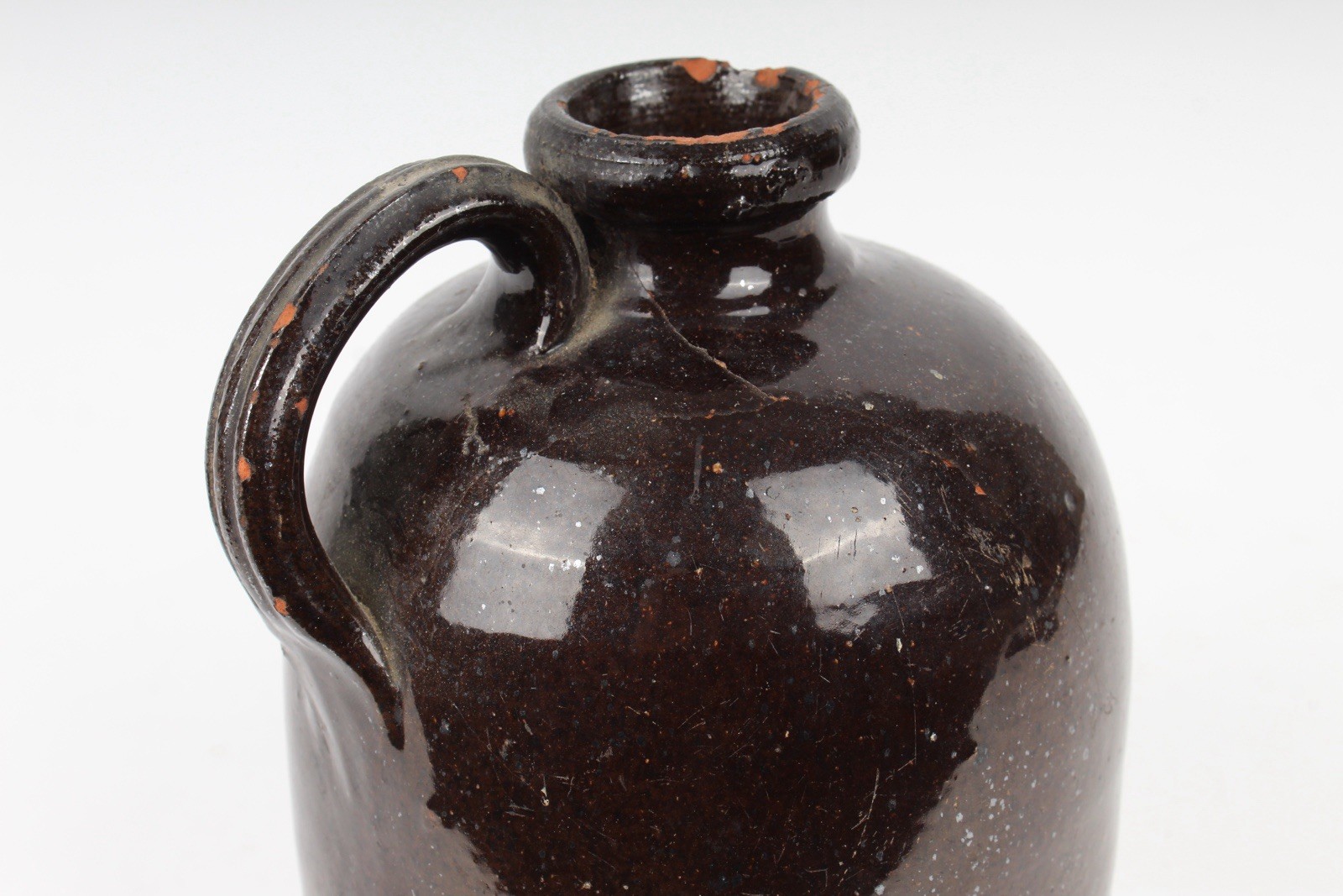 EARLY REDWARE WHISKEY CROCK – PRIMATIVE ANTIQUE GLAZED C. 1840s PENNSYLVANIA