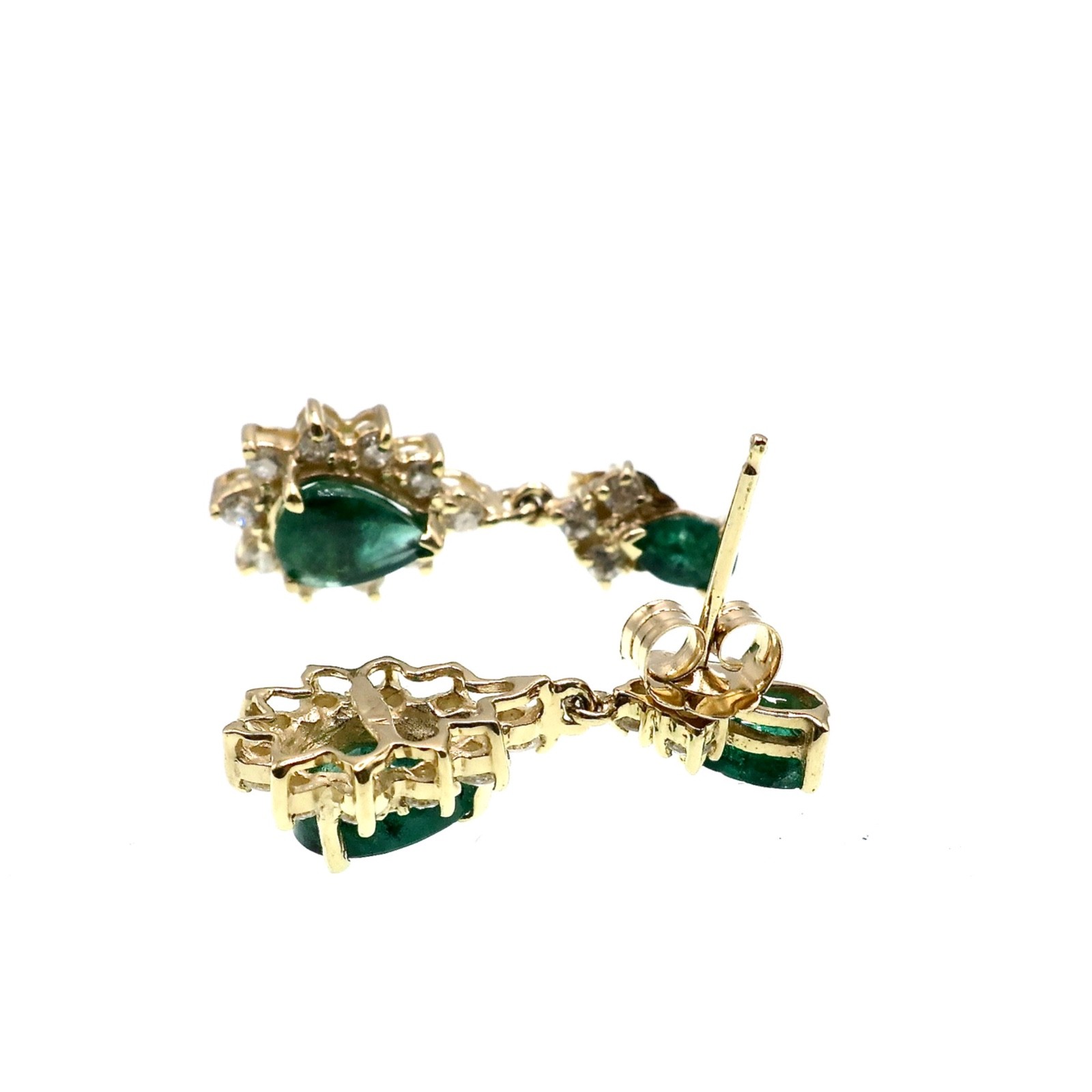 Beautiful 14K Yellow Gold Natural Emerald & Diamond Dangle Stud Earrings