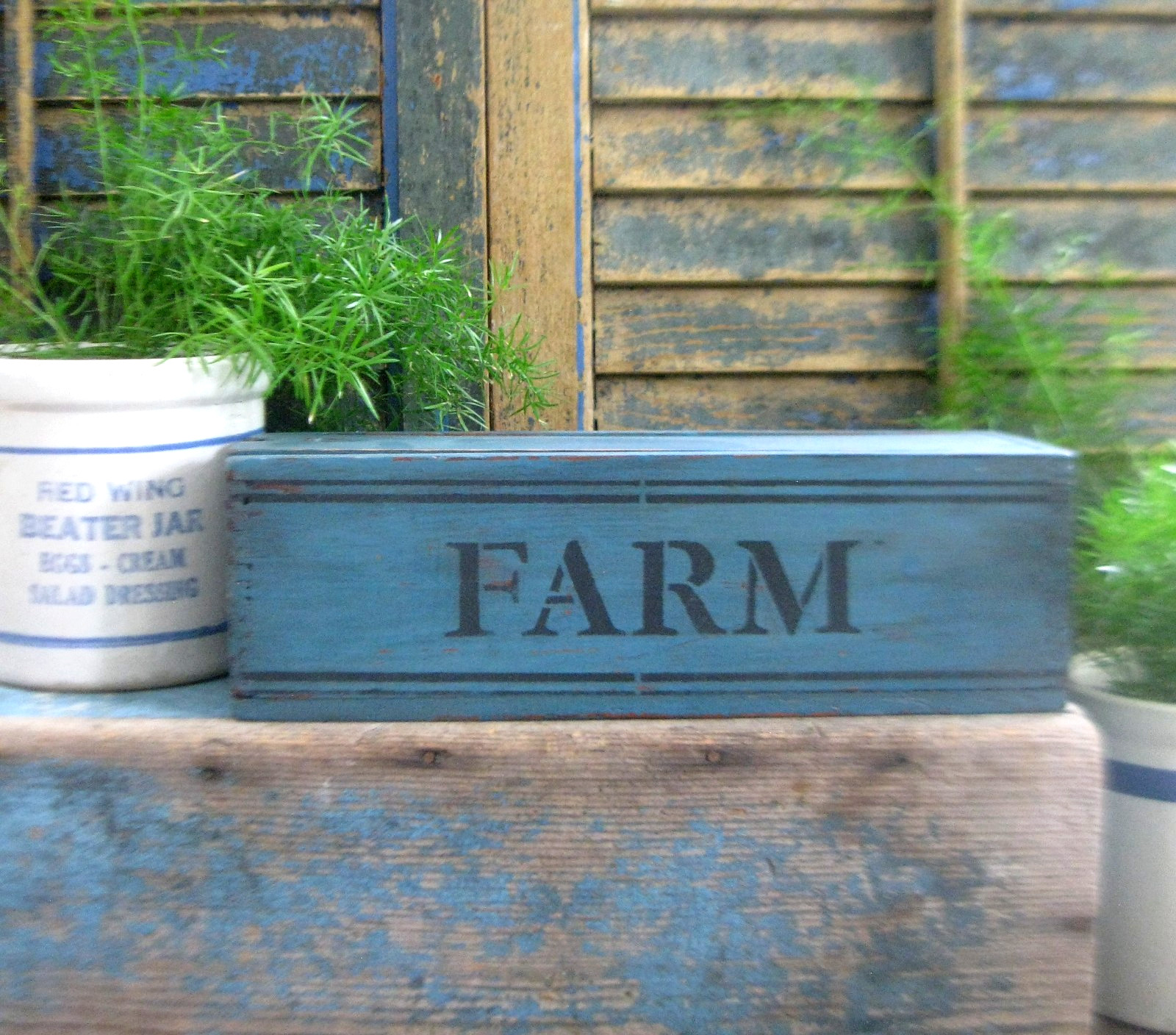 Antique Finger Jointed Box w Slide Lid Teal Blue Milk Paint Farm Stencil