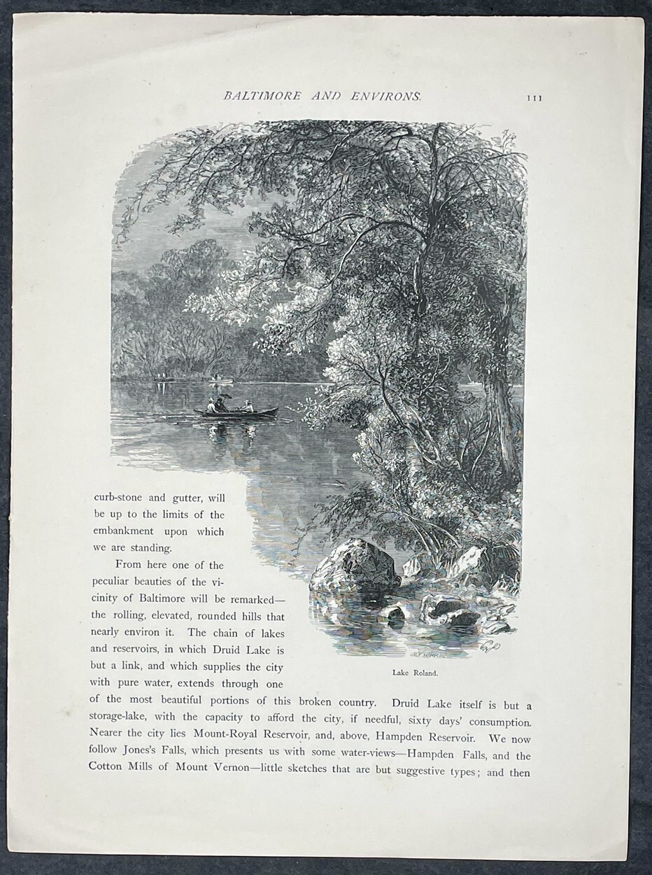 1874 Picturesque America Antique Print Views of Lake Roland, Maryland