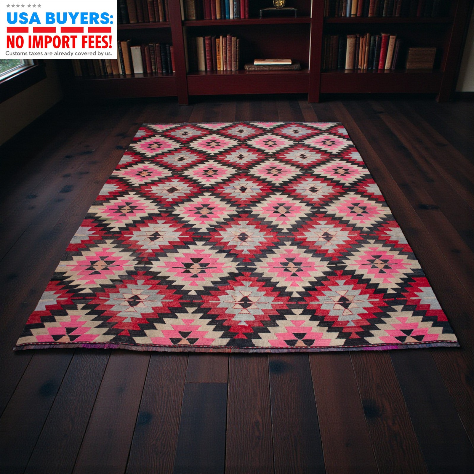 Vintage Turkish Rug PINK Kilim 6×9 Flat Weave Large Area Rug Natural Wool & Dyes