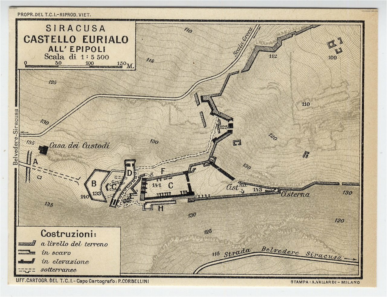 1925 VINTAGE MINIATURE MAP OF EURYALUS FORTRESS CASTELLO EURIALO SYRACUSE ITALY