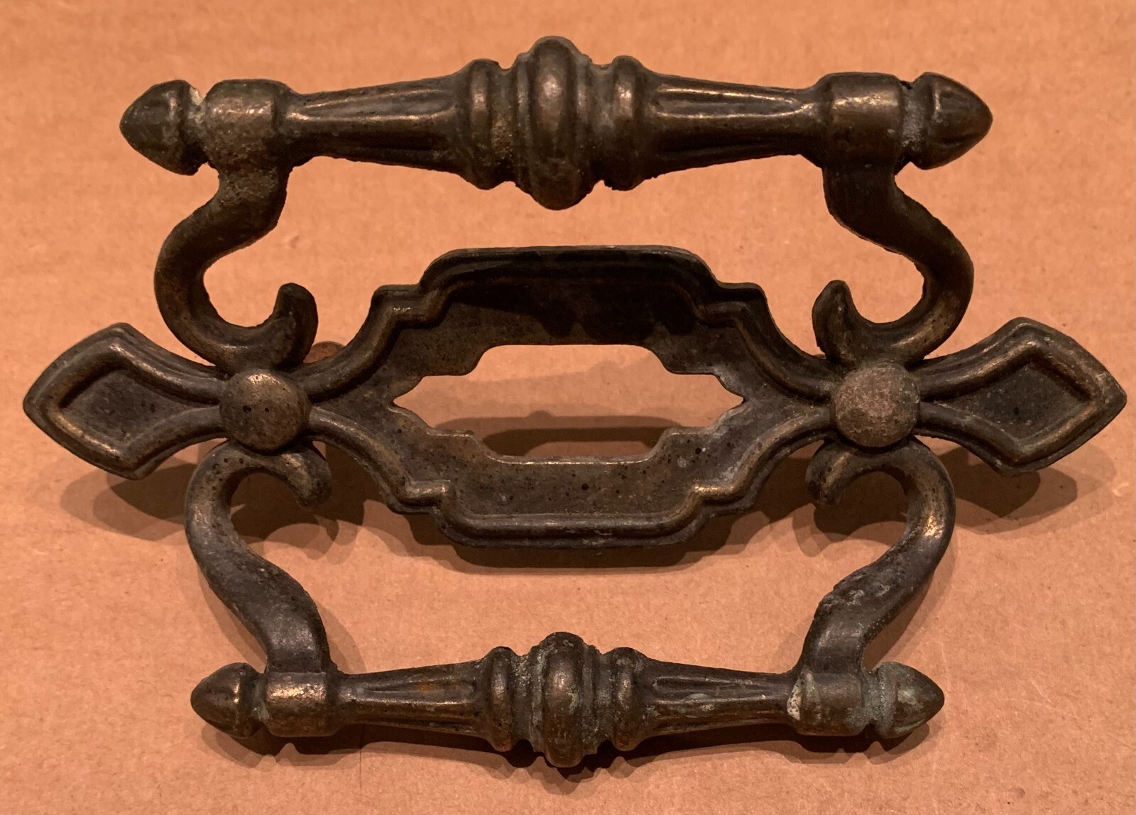 TRUE Vintage Brass Drawer Cabinet Pull ornate double handle bar 6″ long fancy