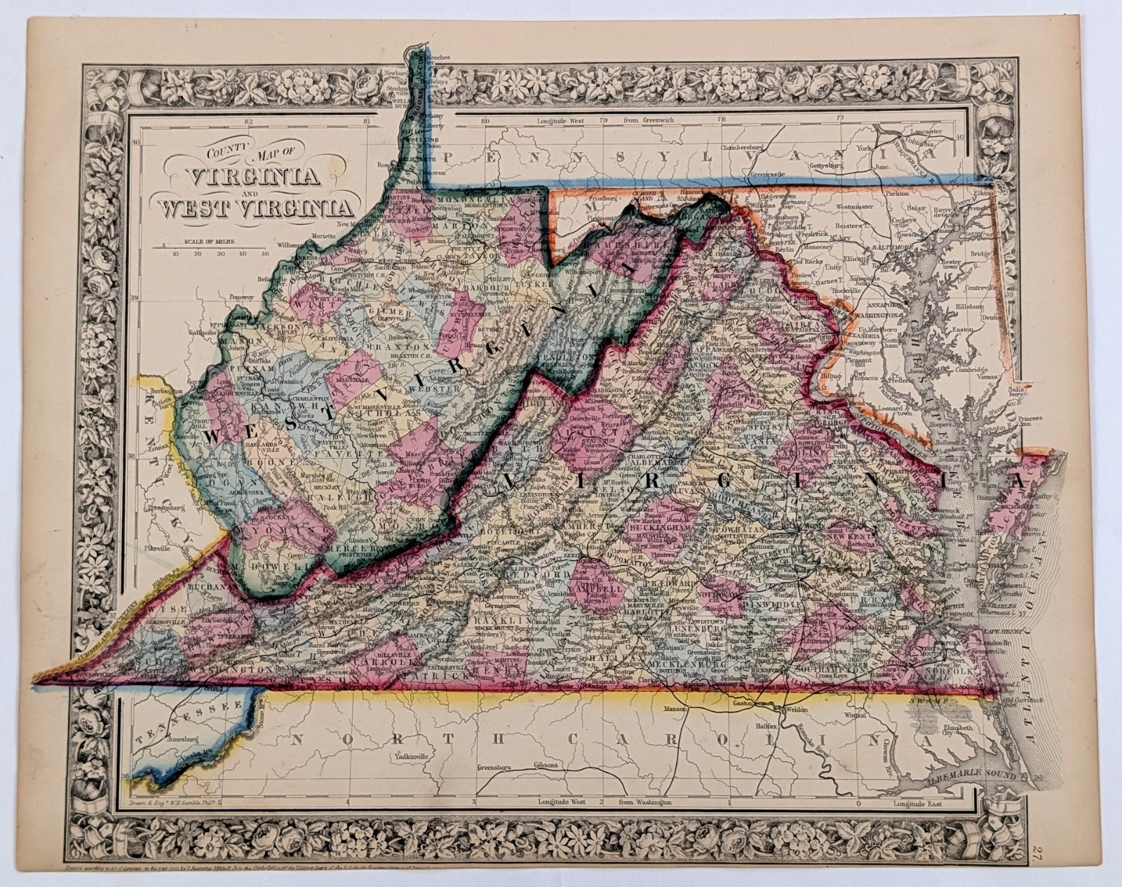 1867 VIRGINIA ~ WEST VIRGINIA Map ORIGINAL S.A. Mitchell – 14×11.5 ANTIQUE