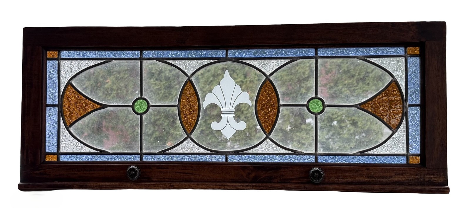 AG1082 Antique c1910 Craftsman Embossed Stained Glass Fleur de Lis Panel MINT