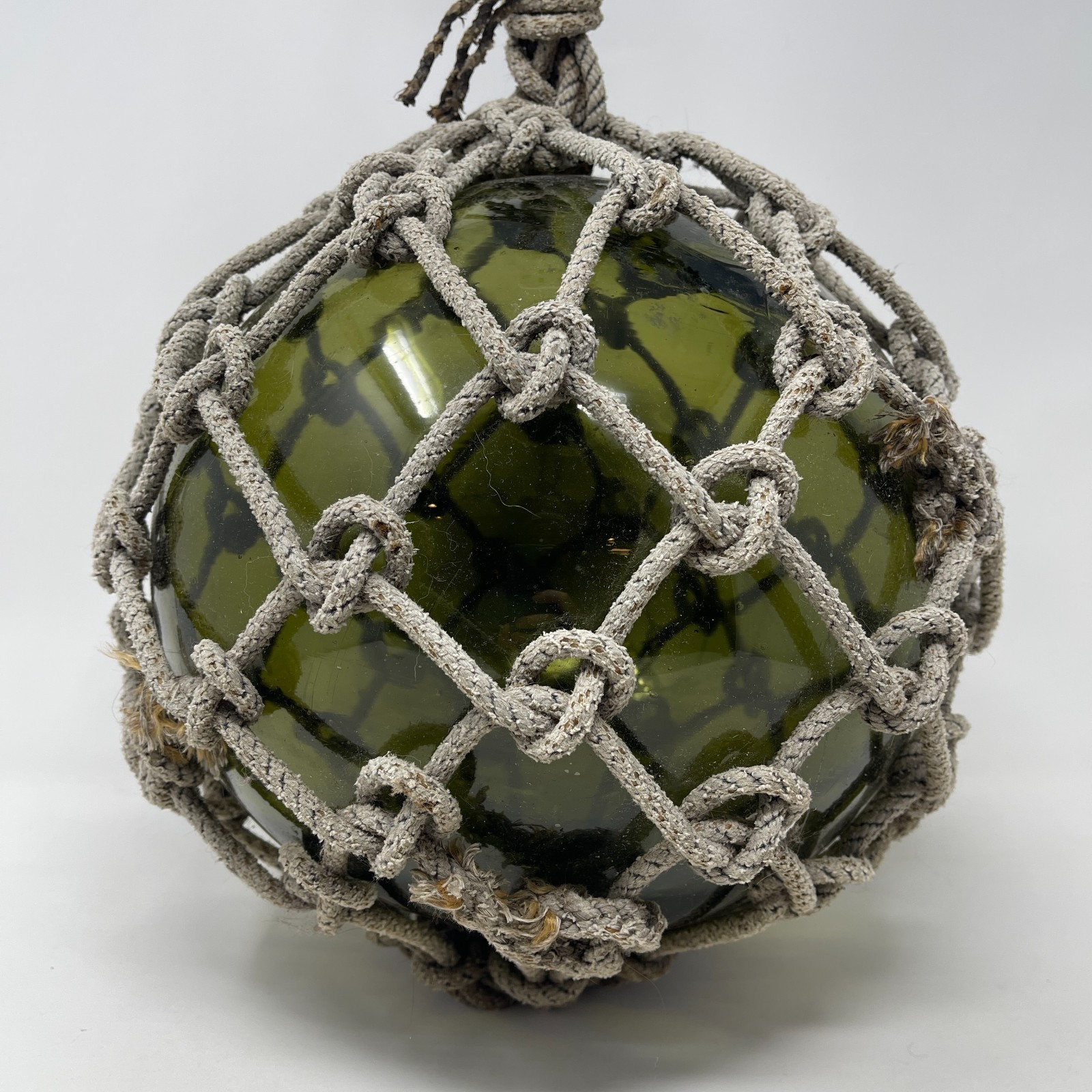 Vintage Glass Japanese Fishing Float Buoy Ball diameter 11” Net Green