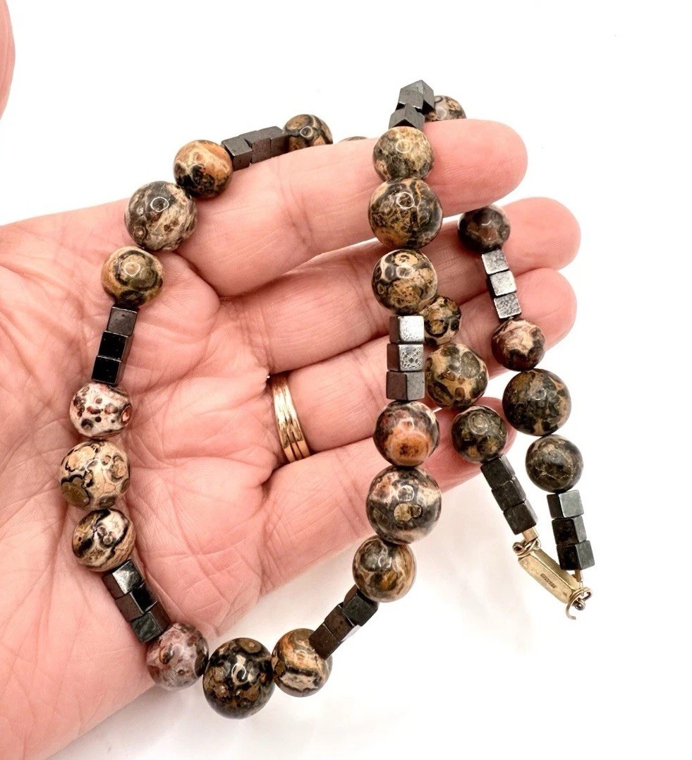 Chinese Export Sterling Silver Leopard Skin Jasper Necklace Vintage Jewelry