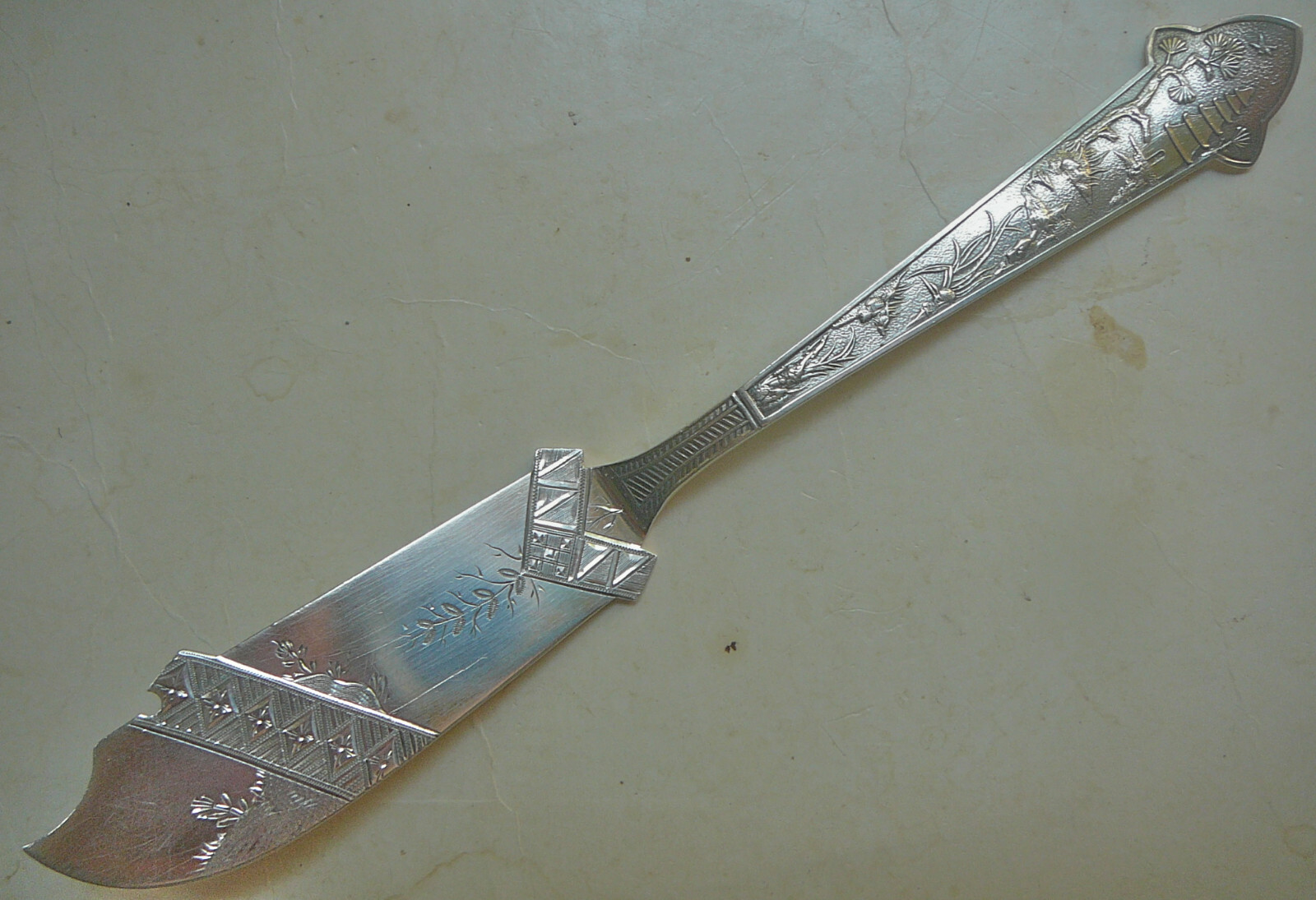 Gorham ☛JAPANESE ☚ Sterling LARGE MASTER BUTTER KNIFE 1871 7 3/4″ Bright-Cut
