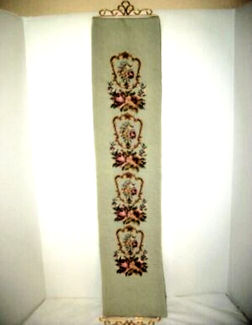 Cottagecore Needlepoint Roses Bell Pull Aqua Ornate Petit Point Silk Back 1950s