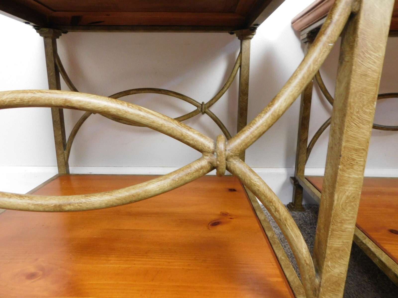 NICE! Designer 26″ SQ Side Lamp Tables Elm Wood & Fancy Gold Antiqued Finish 80s