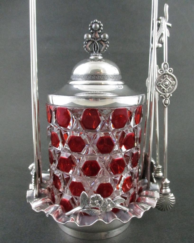 RUBY flashed EAPG Hex BLOCK jar – Antique PICKLE CASTOR – ACME #1135 Quad Silver