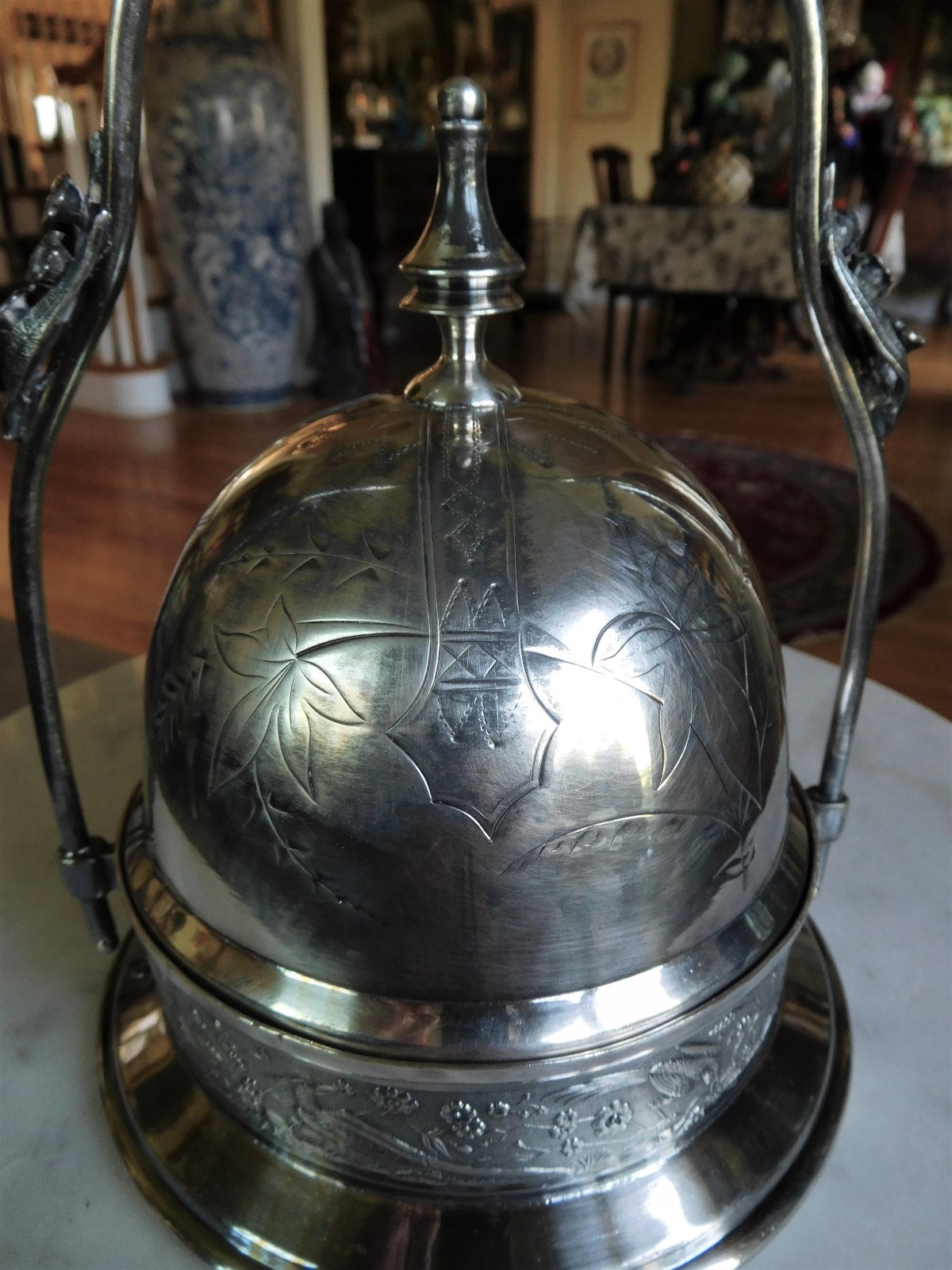 Antique Engraved 1875 Ornate Silverplate Covered Butter with Birds & Flowers