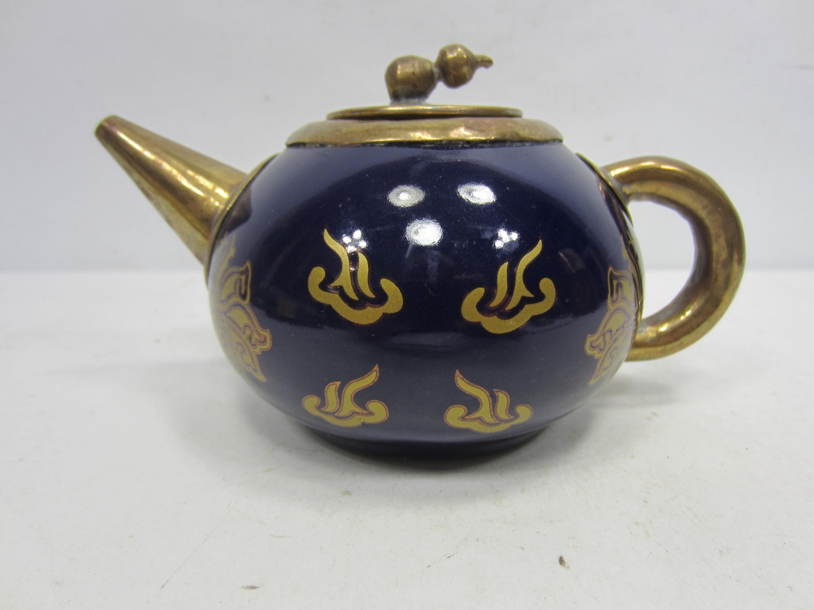 Antique Asian Brass and Stoneware Small Tea Pot