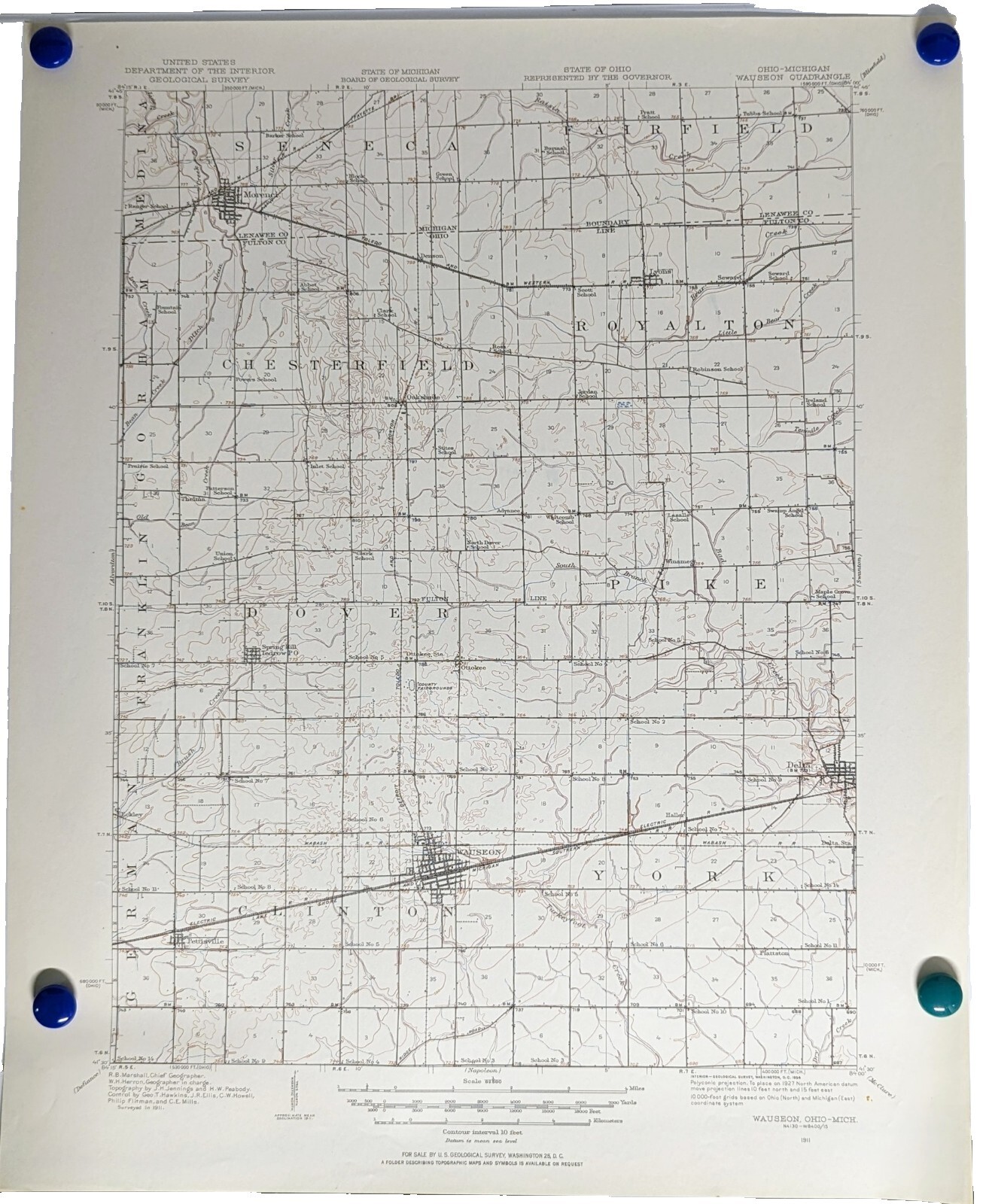 Ohio – Michigan Wauseon Quadrangle (1911 survey) Original Vintage USGS Topo Map