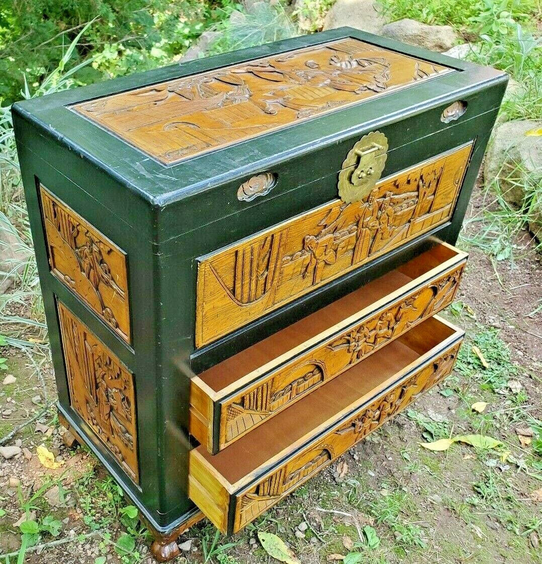 Oriental carved lift top chest 30″ x 30″ x 15″ c.1900’s = Call about DELIVERY