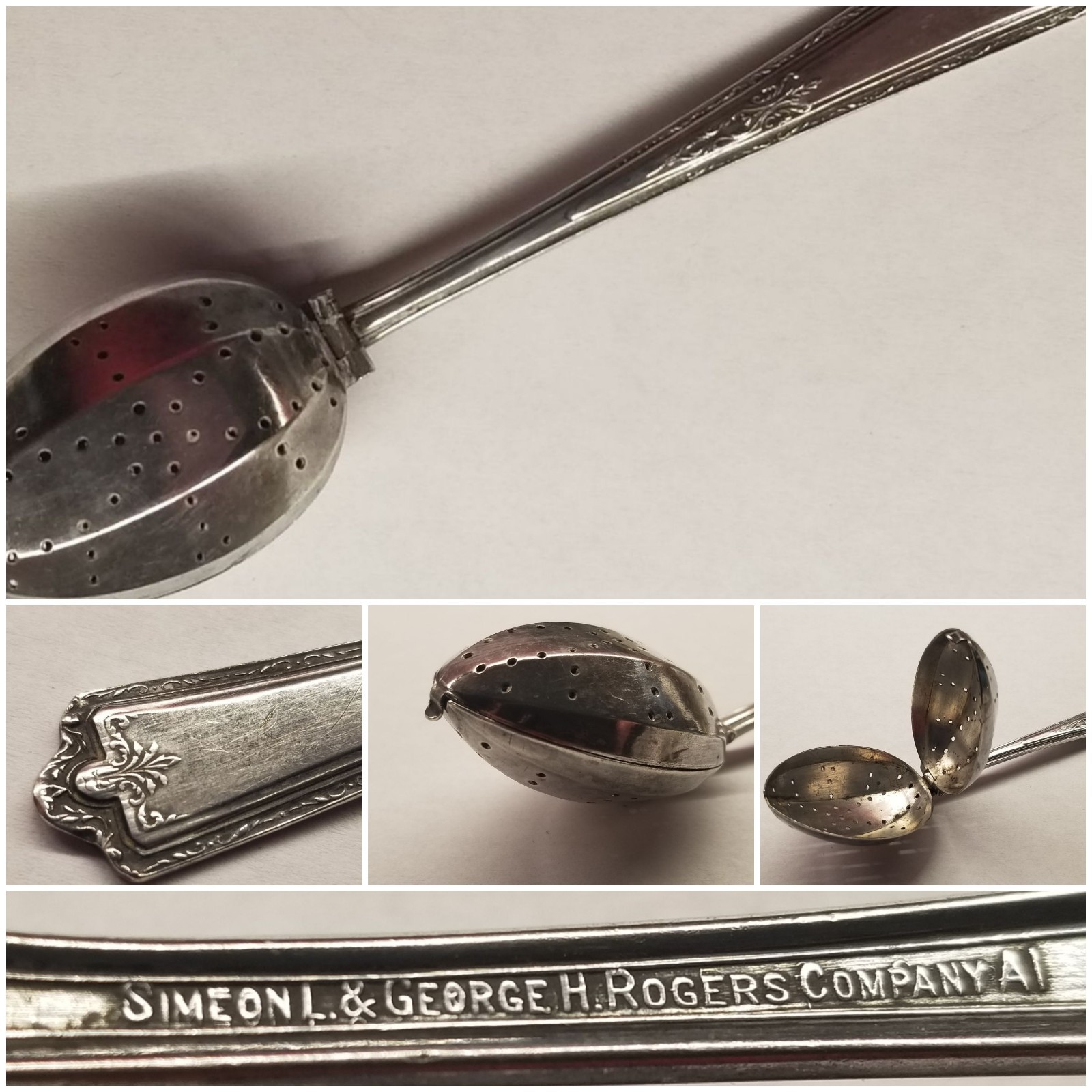 Vintage Simeon & Rogers A1 Silverplate 5.5″ Hinged Tea Strainer Infuser Spoon