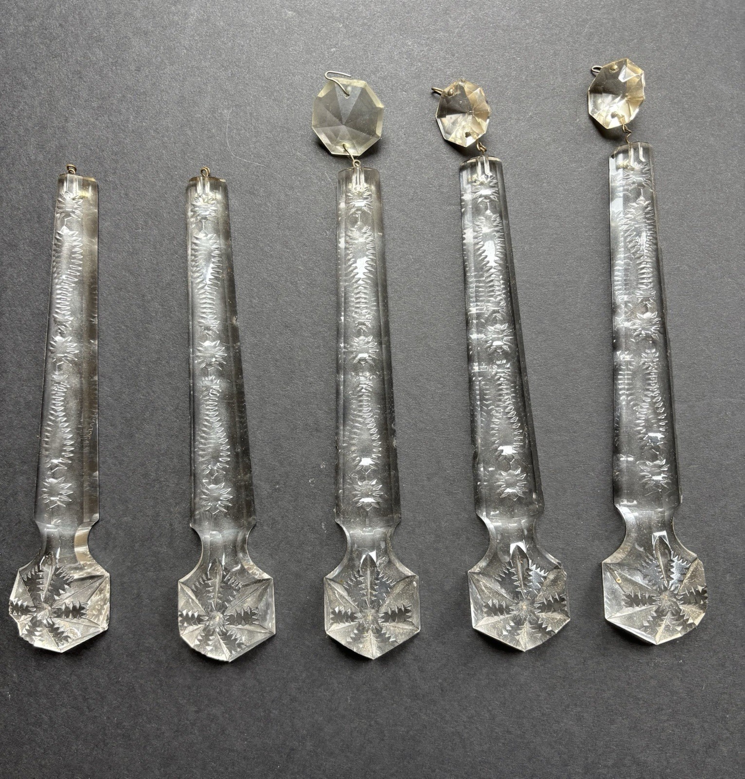 5 Antique French Cut Crystal Chandelier 8″ Prisms