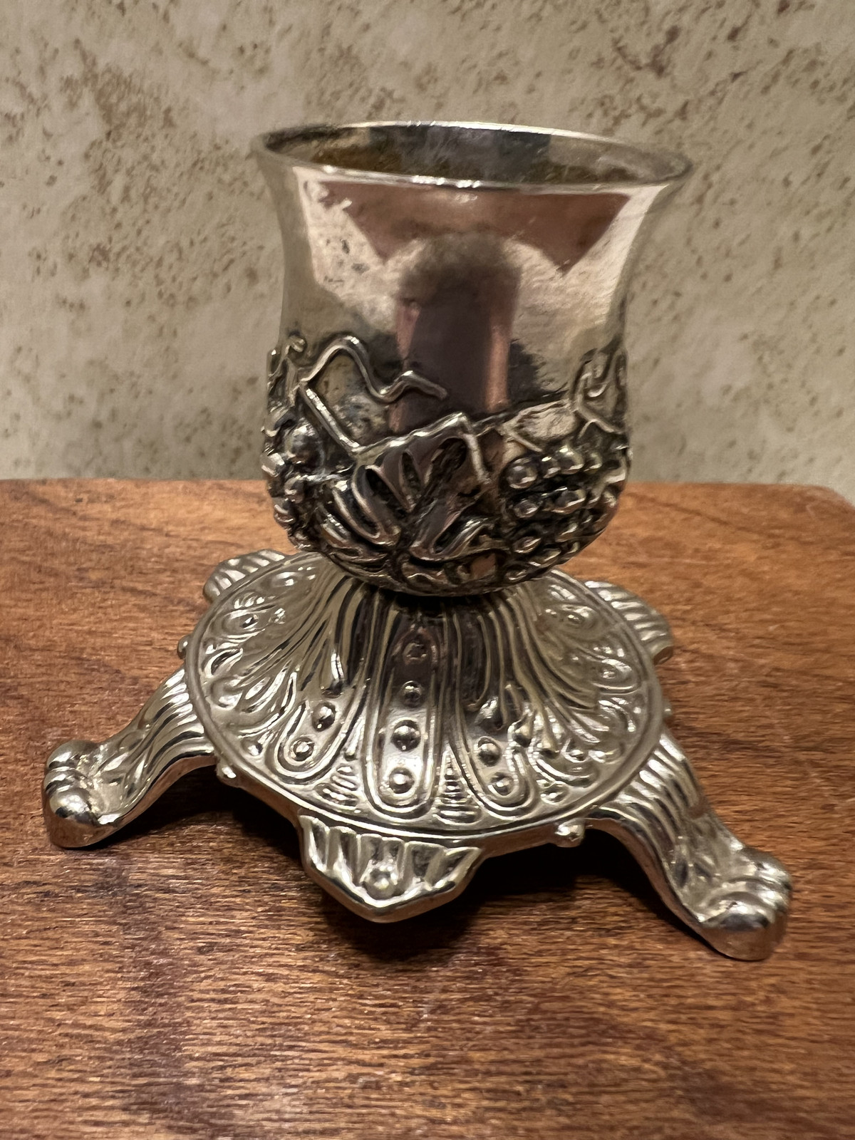 Ornate Silverplate 1930s CANDLESTICK with Lion Feet and Grapes 3″ x 2.5″