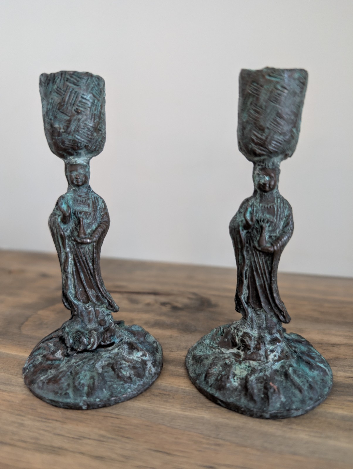 PAIR OF ANTIQUE CANDLE HOLDERS VERY HEAVY WITH GOOD PATINA 5 INCHES TALL