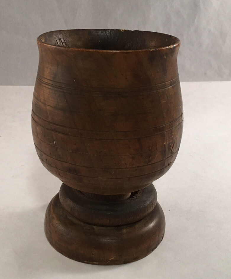 ANTIQUE PRIMITIVE TURNED WOOD TREENWARE PUZZLE CUP GOBLET WITH RING
