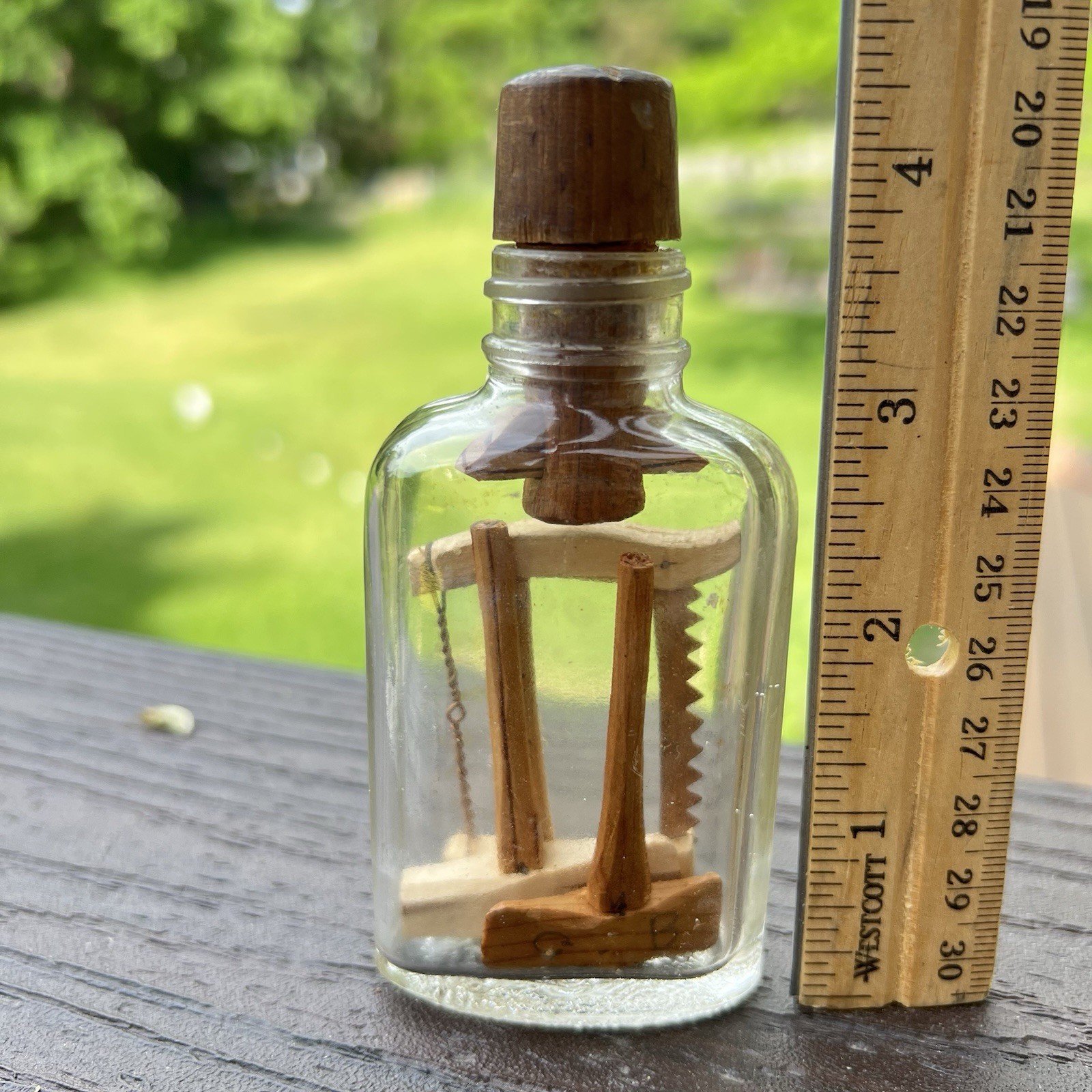 Vintage Handmade Folk Art Whimsey In Bottle Carpenter Tools Saw Ax SIGNED 4.5″