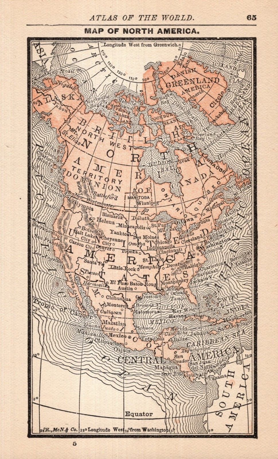 1888 Antique Tiny NORTH AMERICA Map RARE Size MINIATURE Map 3038
