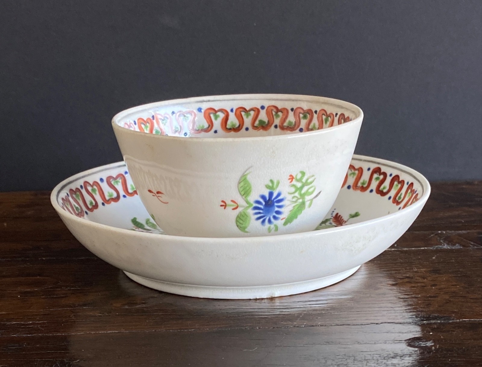 English c1785 Hand Painted Porcelain TeaBowl and Saucer. New Hall or Keeling