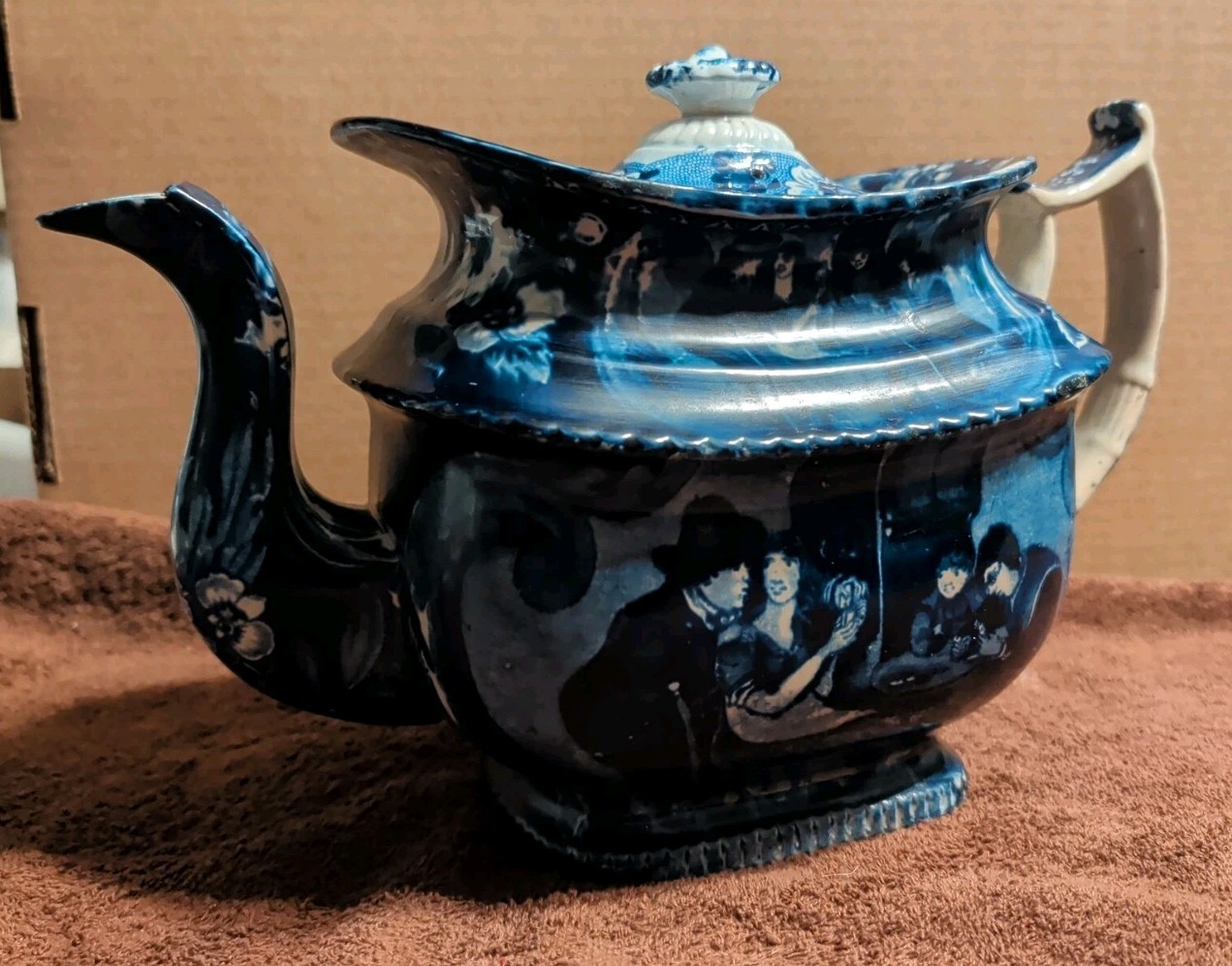 Historic Staffordshire Blue Transfer Teapot People Siting At A Table c. 1800’s