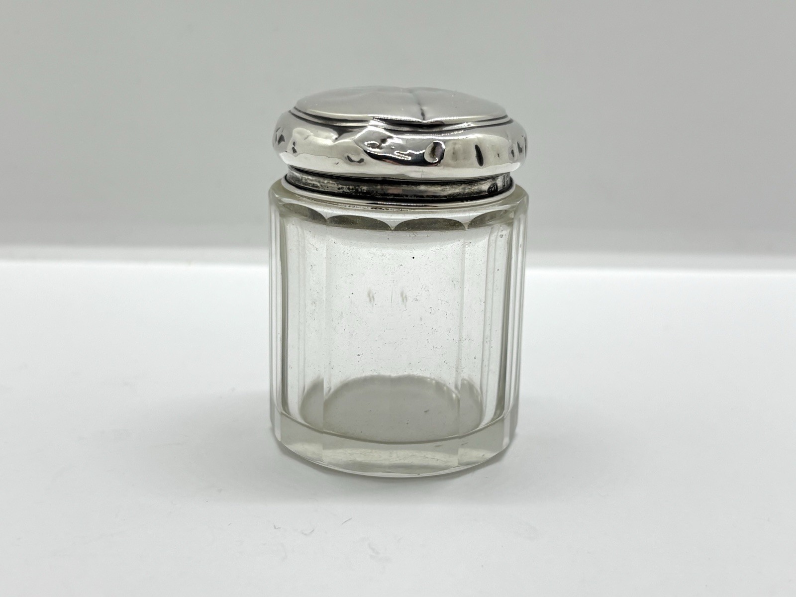 Small Antique 1920s Solid Sterling Silver Topped Glass Dressing Table Bottle Jar