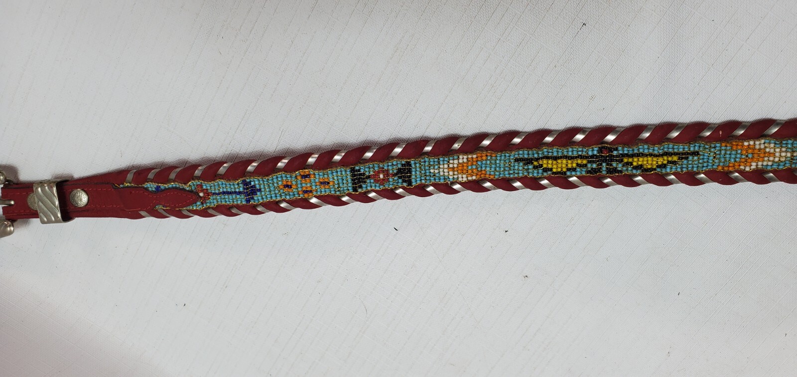 34+” Native American Beaded Red Leather Belt AL BERES Wages German Silver Buckle