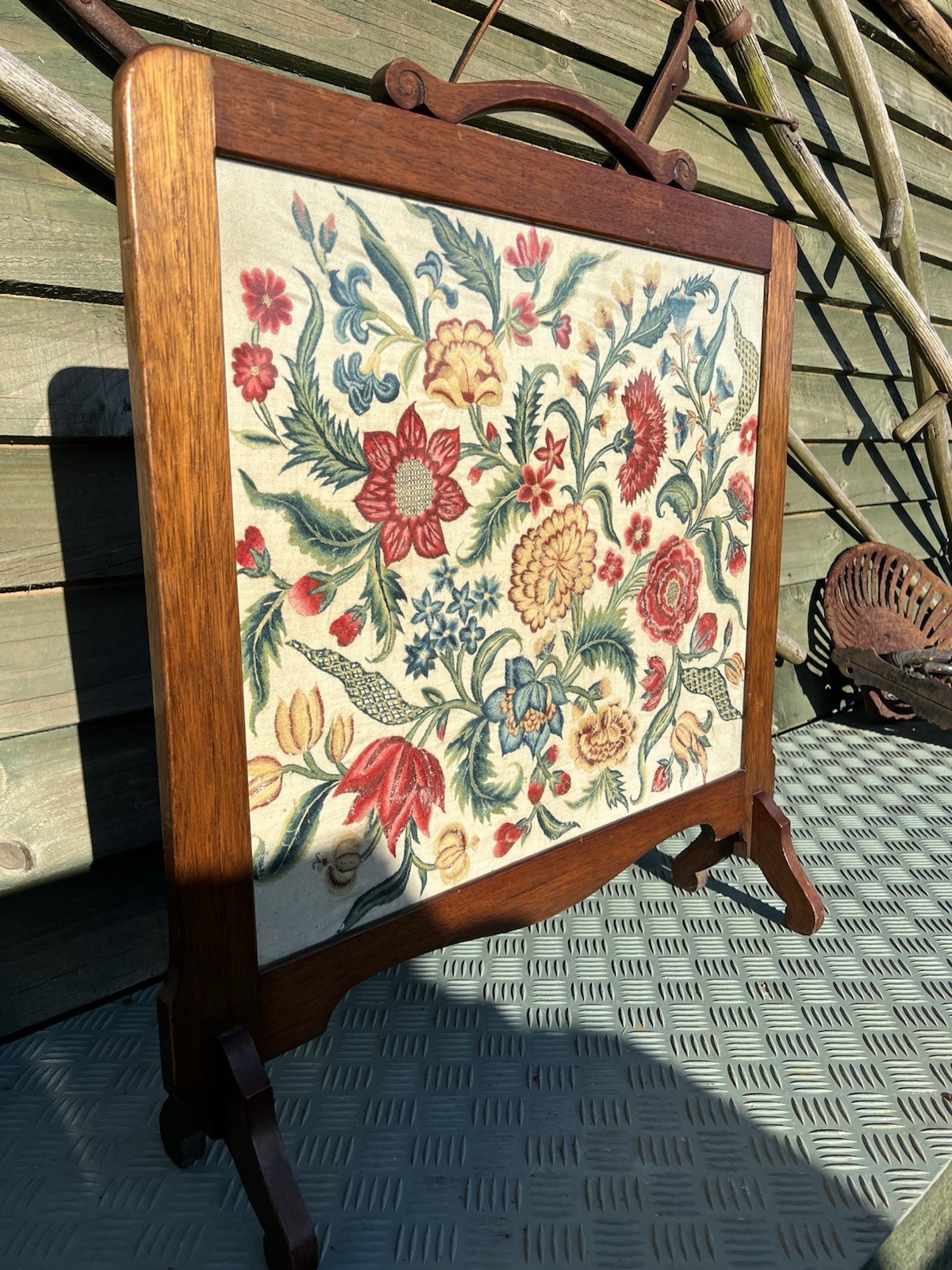 Antique Edwardian Fire Screen Oak Framed Glazed Hand Embroidered Floral Scene ..