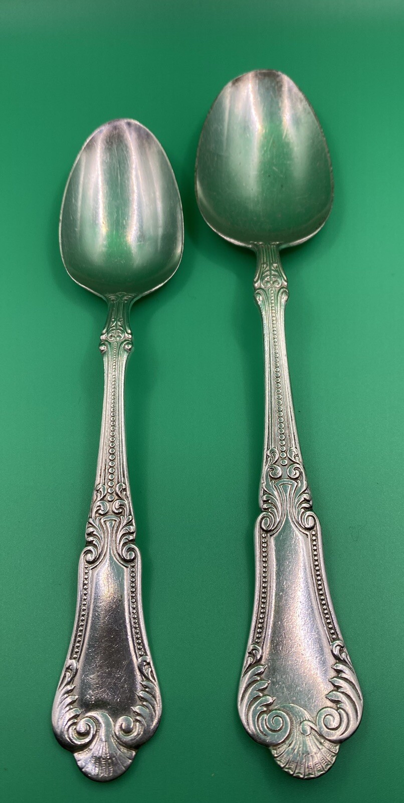 2 Antique 1847 Rogers Bros Silverplate Spoons, Lotus Pattern 1895, 8.25” & 7.25”