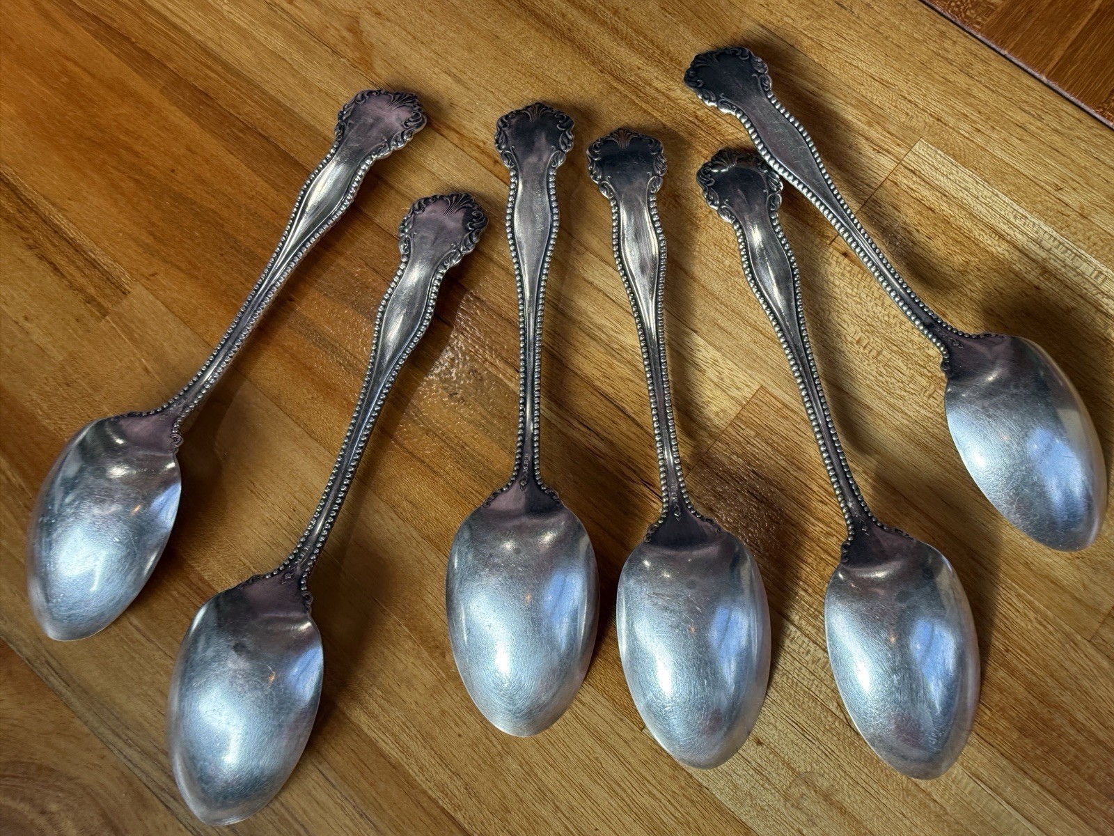 Set of 6 M.S. Benedict Teaspoons Silver Plated Beaded Ornate 6″ Antique Flatware