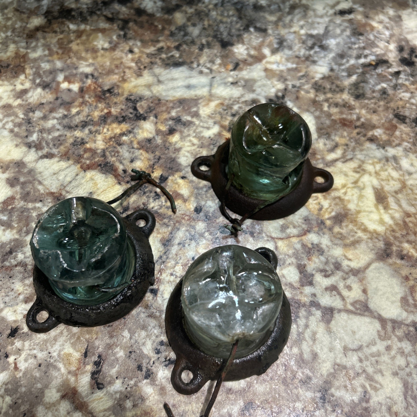 3 – OLD ORIGINAL AQUA GLASS LIGHTNING ROD WEATHERVANE INSULATORS W/ BRACKETS