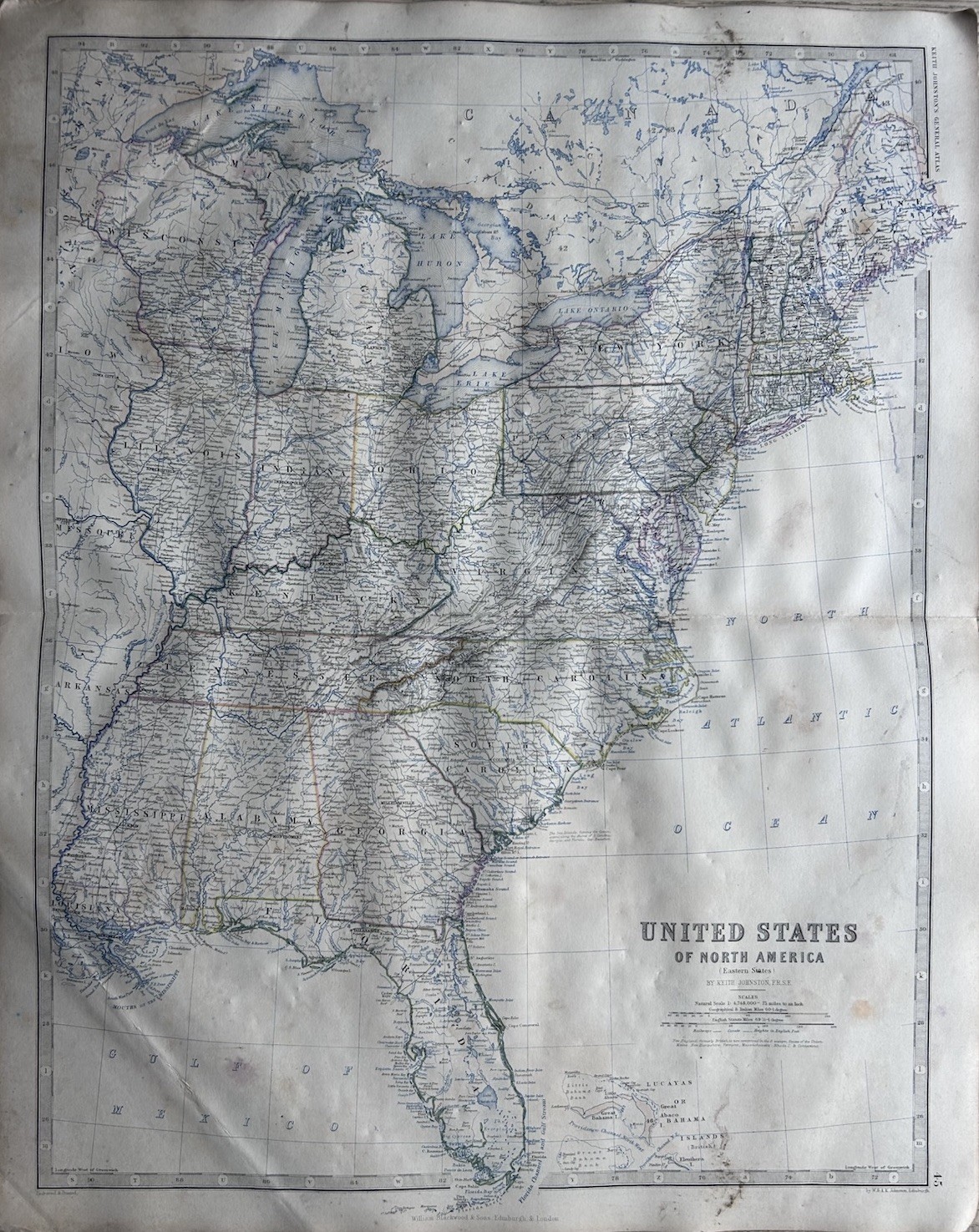 1865 Eastern United States Large Hand Coloured Original Antique Map by Johnston