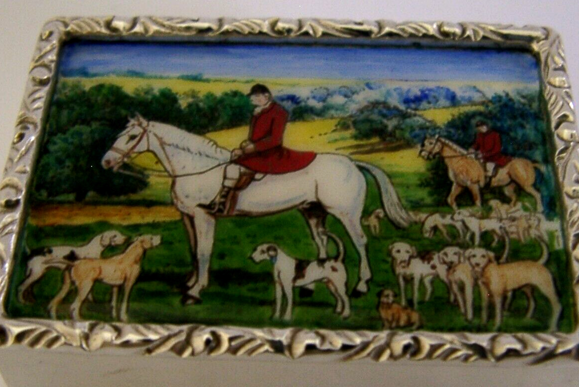 ENGLISH STERLING SILVER ENAMEL FOX HUNTING BOX 1988